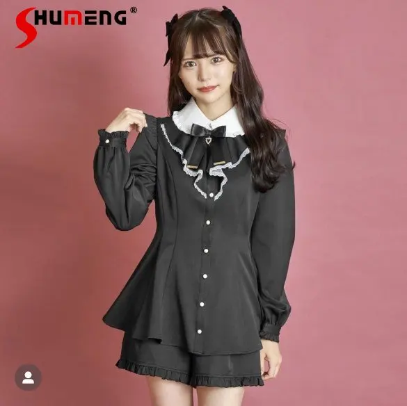 

SC Suit Mine Series Mass-Produced Two-Piece Set Women Long Sleeve Lace Stitching Sweet Bow Shirt Shorts Women Outfits