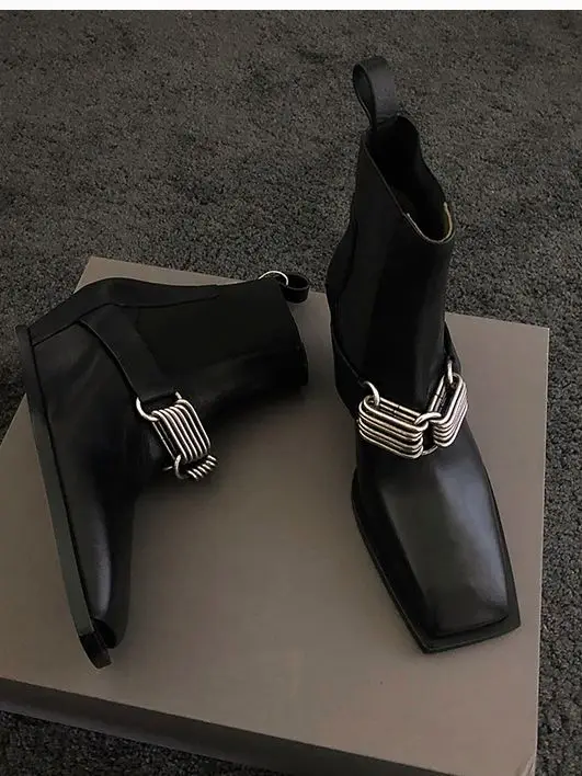 

Personalized square toe Chelsea boots women's metal decorative boots elastic sleeve fashion boots dark style