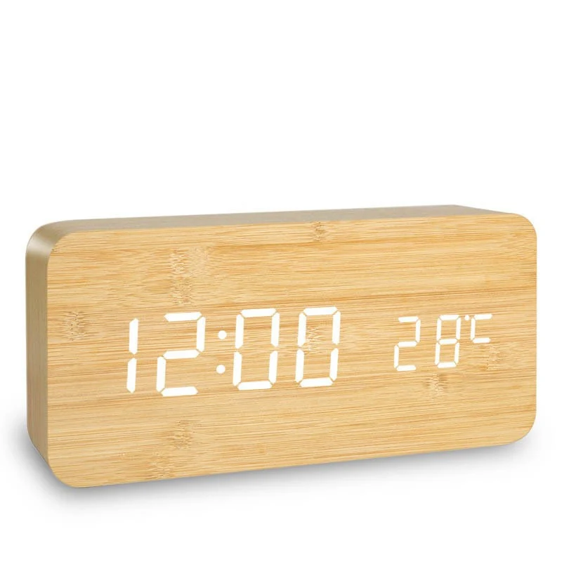 LED Wooden Digital Alarm Clock with Voice Control and USB/AAA Power Options