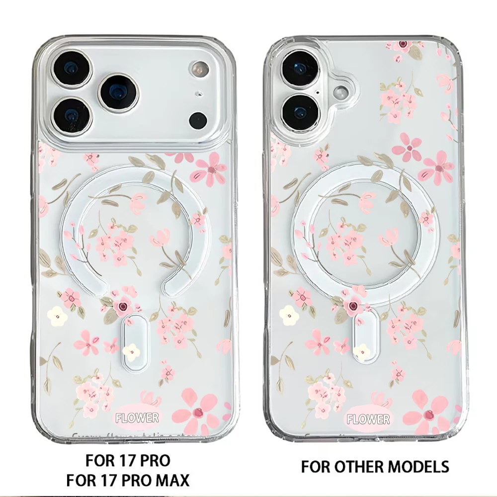 Pink Floral Magnetic Card Holder Phone Case with MagSafe Wallet