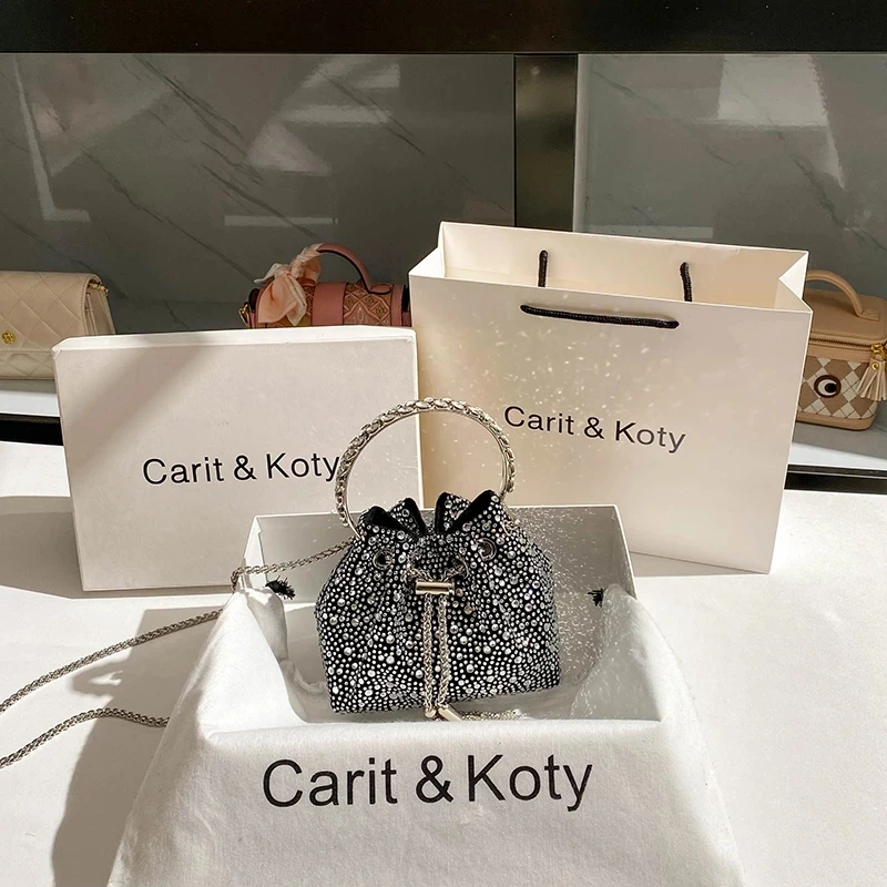 

Bling Shiny Rhinestone Diamond Bucket Bag Women's Metal Ring Handle Handbag Evening Bag Party Clutch Purse Shoulder Chain Bag