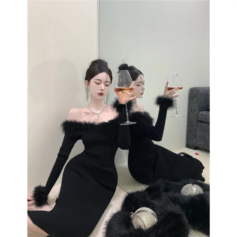 

Fashionable Elegant Sexy Off-Shoulder Winter Slim-Fit Slimming Black Knitted Dress Women'S Fashion
