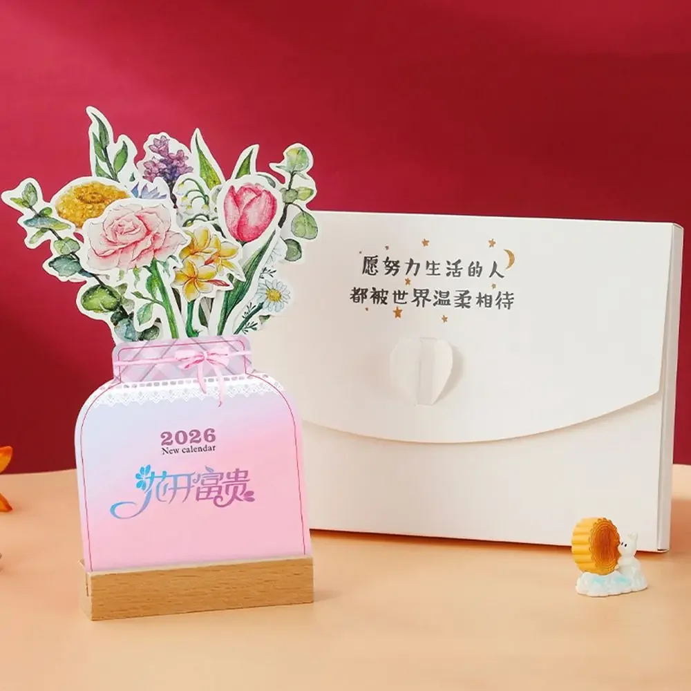 나무 받침대 2026 데스크탑 캘린더 탈착식 받침대 꽃 테마 블루미 플라워 데스크 캘린더 날짜 표시 꽃병 모양