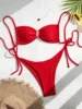 Sexy Ribbed Red Micro Bikini Women Pleate Metal Ring Hole Out Push Up Bandage Thong Swimsuit Beach Bathing Suit Swimwear 2025