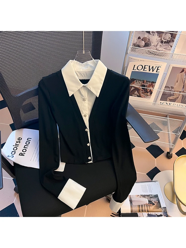 

Women Patchwork Gothic Black Shirts Blouses Korean Harajuku Vintage Fashion Y2k Long Sleeve Polo-Neck Shirt Tops Clothes Summer