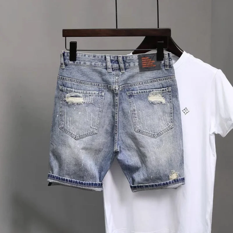 Straight Graphic Man Denim Shorts Knee Length Multi Color Long Half Short Jeans Pants for Men Ripped Harajuku Blue Y2k Hip Hop