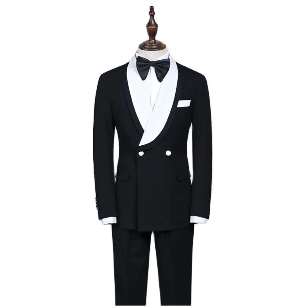 Gentlemen Men's Suits Formal Black White Shawl Lapel Double Breasted Luxury 2 Piece Jacket Pants Wedding Business Outfits Set