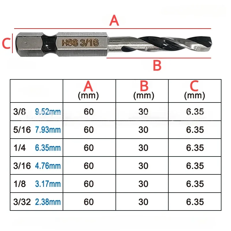 6pc High Speed Steel Hexagonal Shank Integrated Twist Drill British System Woodworking Drill Two Edge and Two Slot Drilling Tool