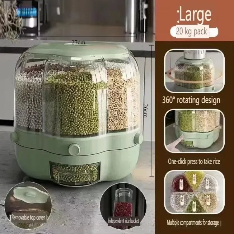 360 Degree Rotating Rice Grain Storage Container Dispenser Dry Cereal Kitchen Food Sealed Insectproof Bucket Kitchen Accessories 5