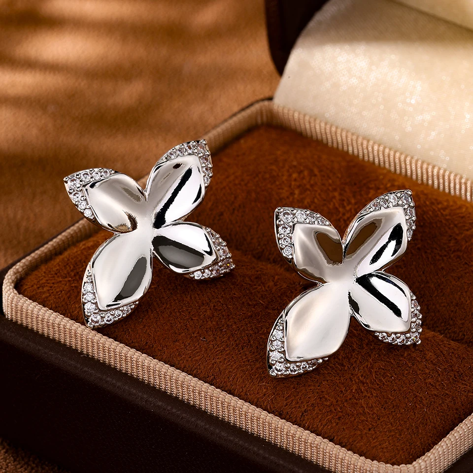 ZAKOL Luxus Kupfer Metall Micro-intarsien Zirkon Vier-blatt Blume Ohrring Frauen Hochzeit Party Ohrring/Halskette Schmuck-Set – Detail 9