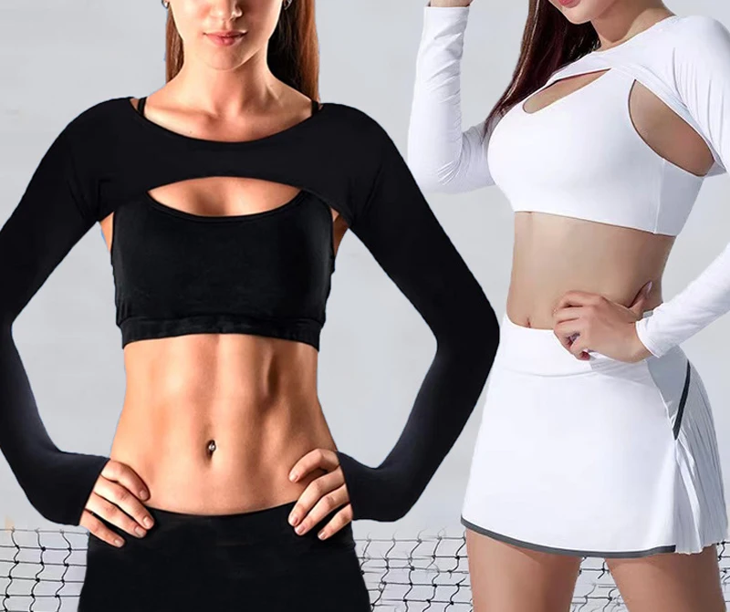 Ultra-thin Sexy Women Long Sleeve Arm Sleeves Gym Workout Crop Top Open Front Workout Cropped Shirts Fitness Sports Shrug Arm Sleeves Ice Arm Sleeves