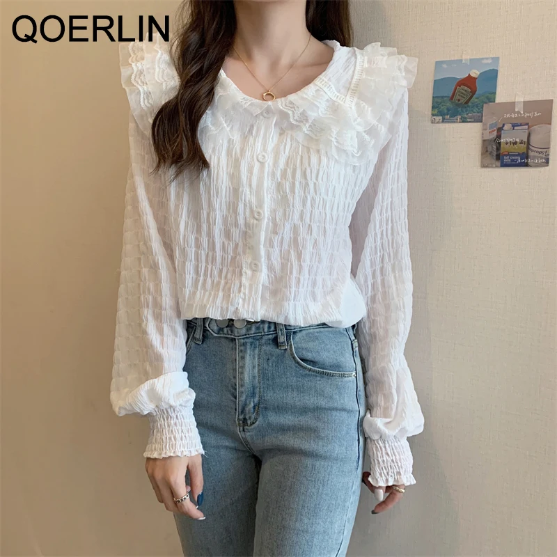 QOERLIN Korean Fashion Women White Shirts Lantern Sleeve Doll Collar Button Up Blouse Lace Mesh Blouse Woman New Collection 2022