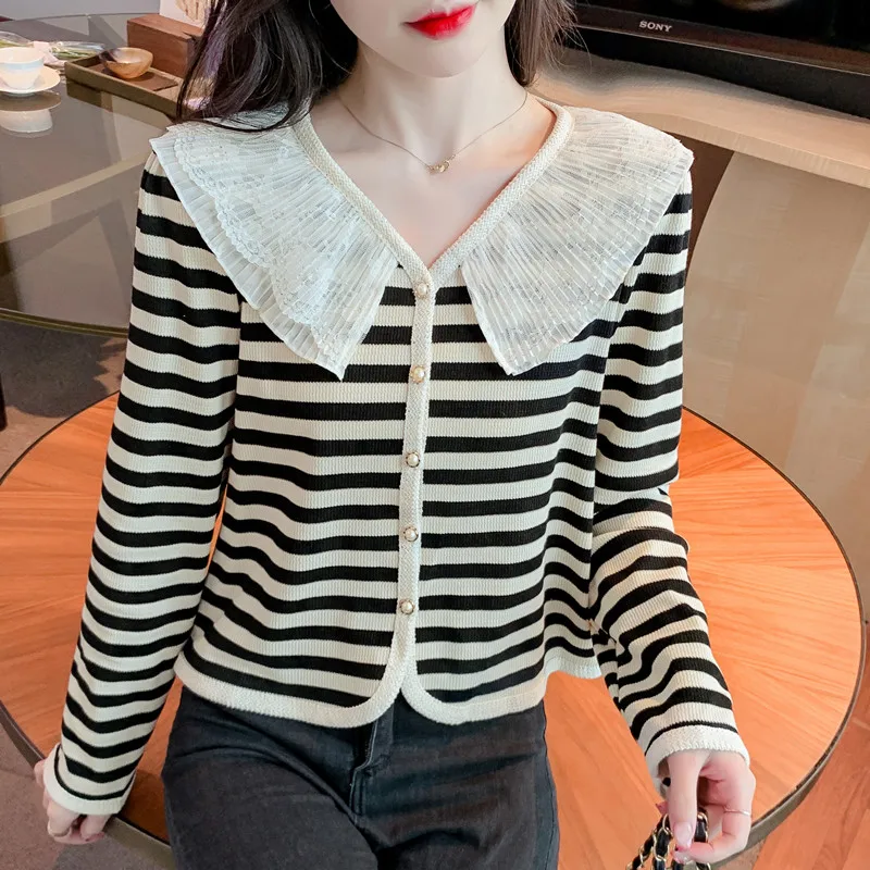 

2024 Spring Ladies Striped Lace Collar Knitted Cardigan Long-sleeved New Women's Single-breasted Commuter Short Bottoming Shirt