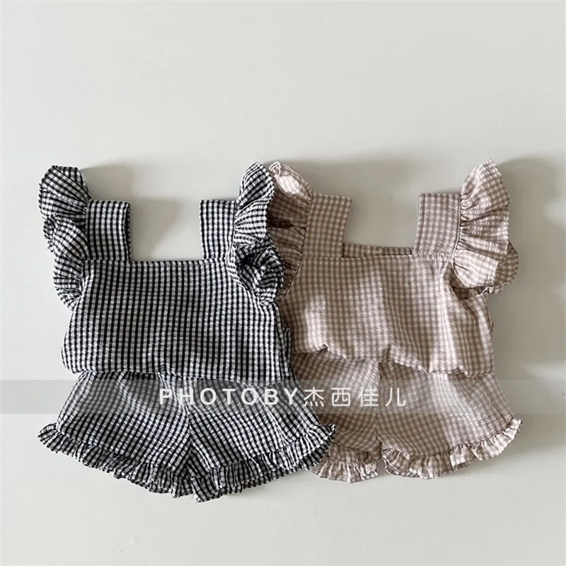 

Children's Korean Style Summer Wear New Suit Girls' Baby Plaid Elastic Waist Casual Shorts Two-Piece Suit