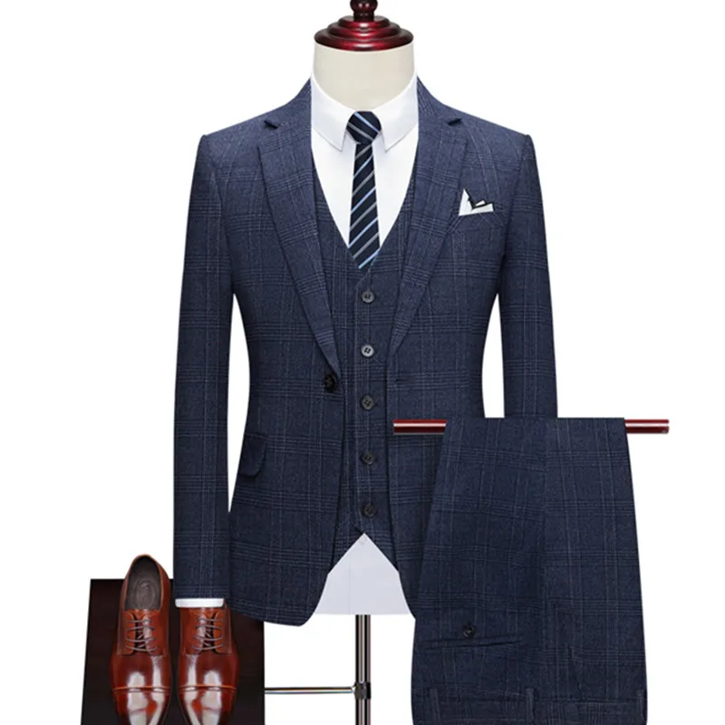 Suit Coat Vest Pants 3 Pcs Set Men's Casual Boutique Business Retro British Style Plaid Blazers Jacket Trousers Waistcoat mens suit