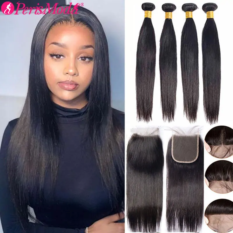 

PerisModa 5x5 Lace Closure 30 Inch Brazilian Remy Weave Bundles With HD Frontal 13x4 Straight Human Hair Bundles With Closure