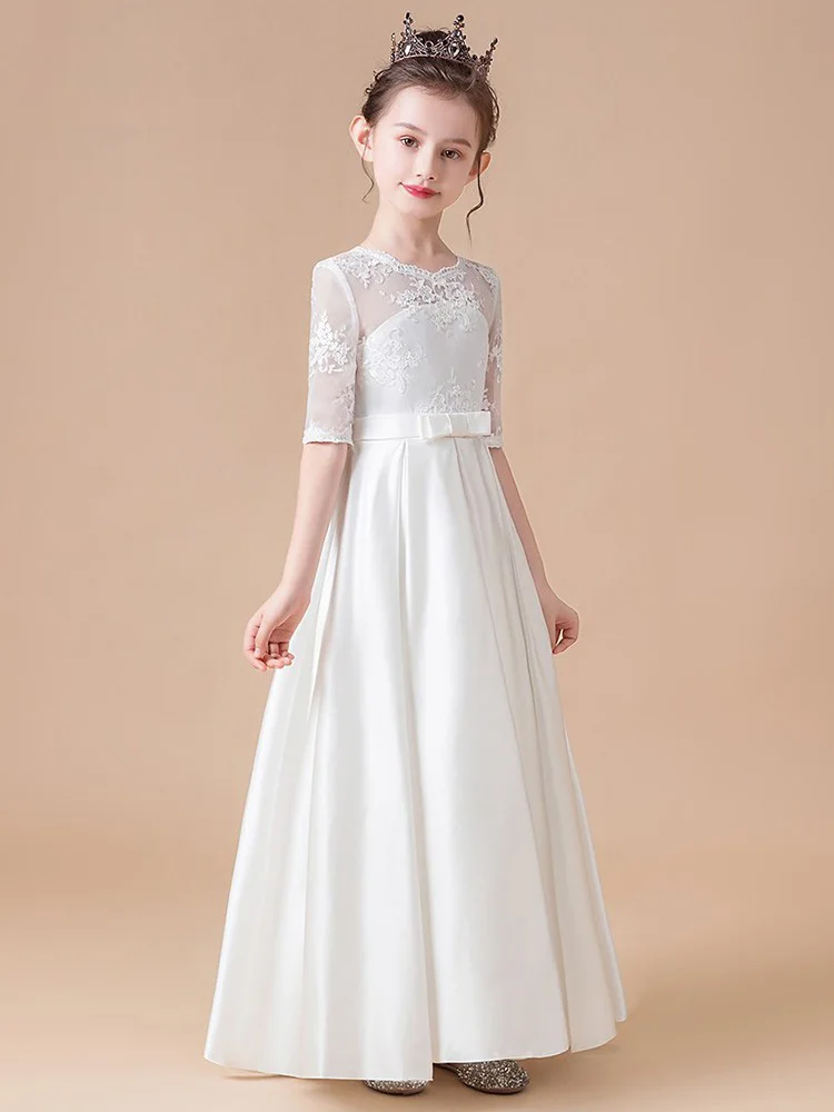 

A-line Scoop Asymmetrical Satin Junior Bridesmaid Mid sleeve　With Cascading Ruffles Flower Girl Dress Party First Communion Gown