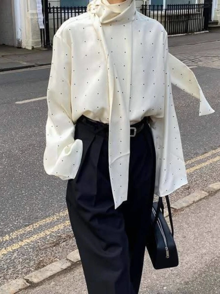 Satin Scarf Neck Polka Dot Printing Women Blouse Fashion Full Sleeve Loose Basic Shirt Lady Autumn New Highstreet Commute Wear