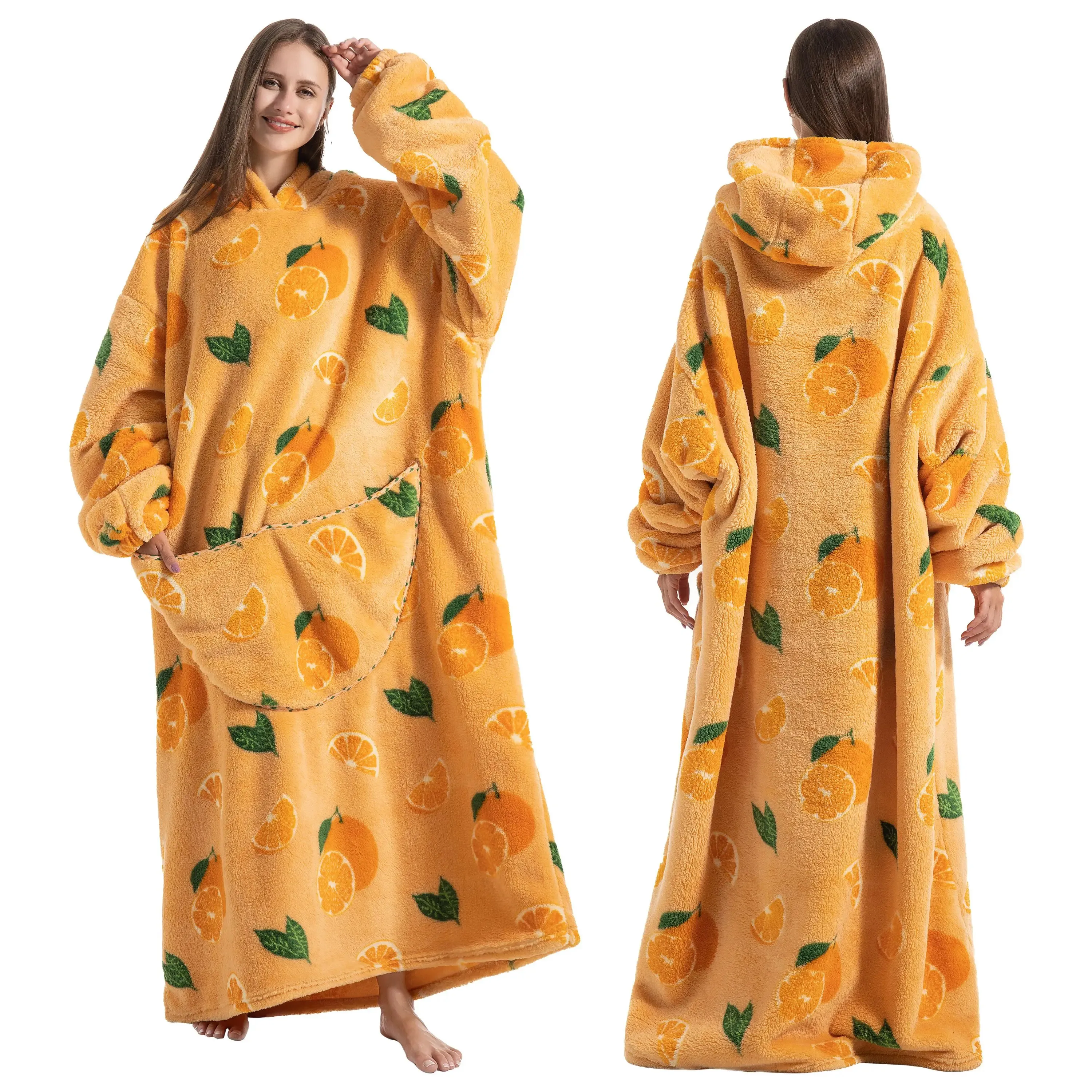 Women Men Wearable Blanket Hoodie Adult's Winter Home Wear Thick Loungewear Plush Flannel Pajamas
