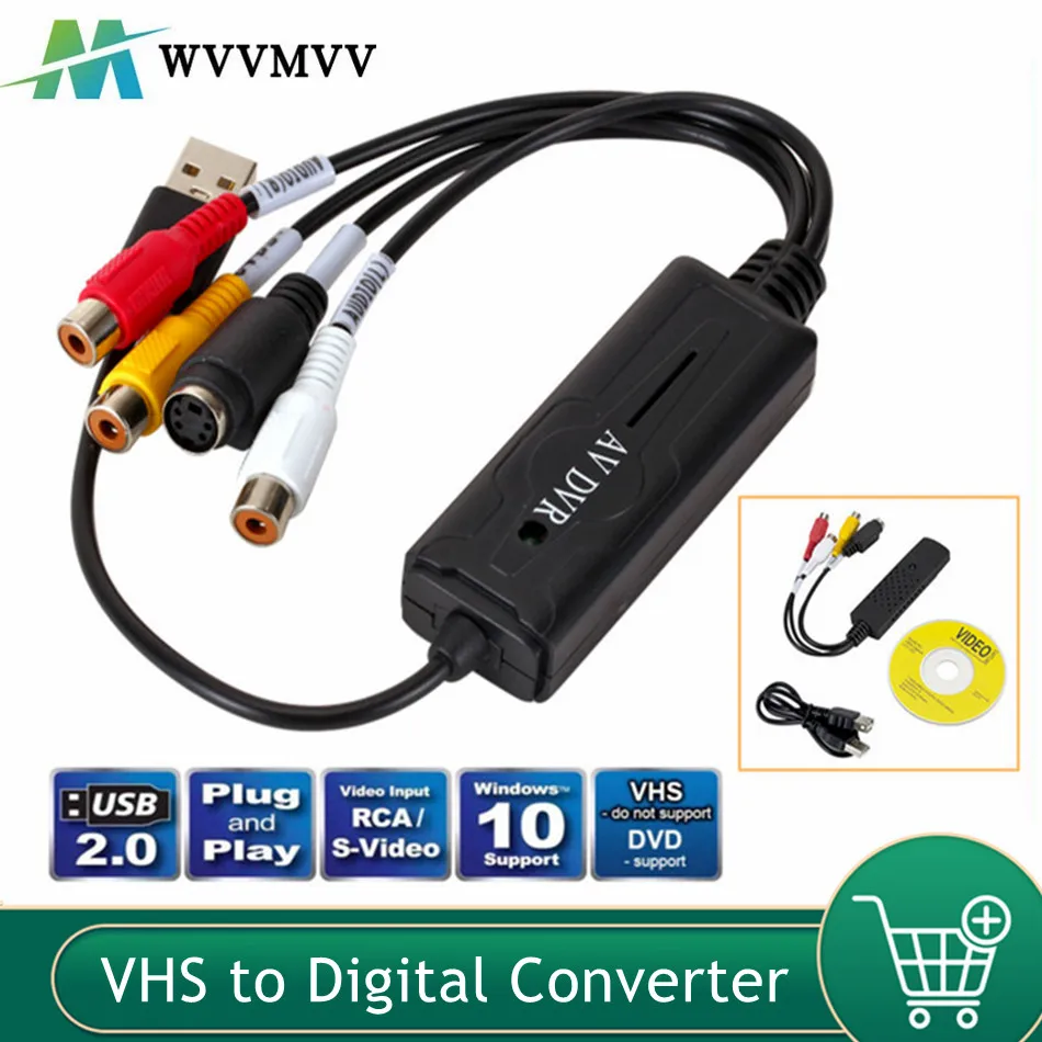 

Преобразователь WvvMvv VHS на цифровой USB 2,0, видеопреобразователь, карта Аудио захвата, VHS VCR HDTV на цифровой конвертер с поддержкой Win 7/8/10