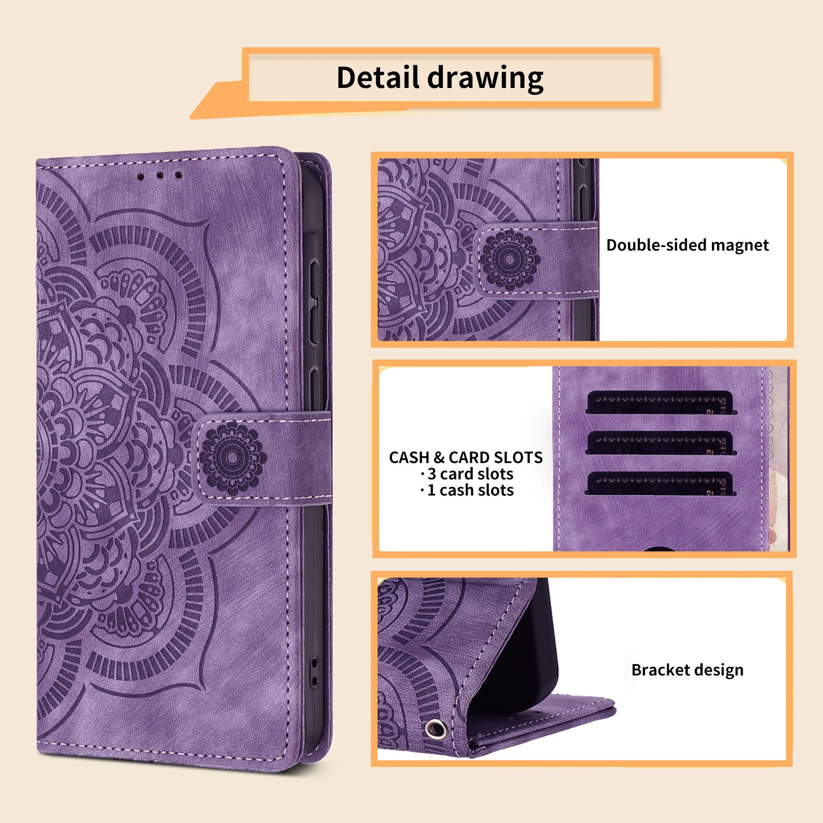 Floral Embossed Leather Phone Wallet Case with 3D Art Design