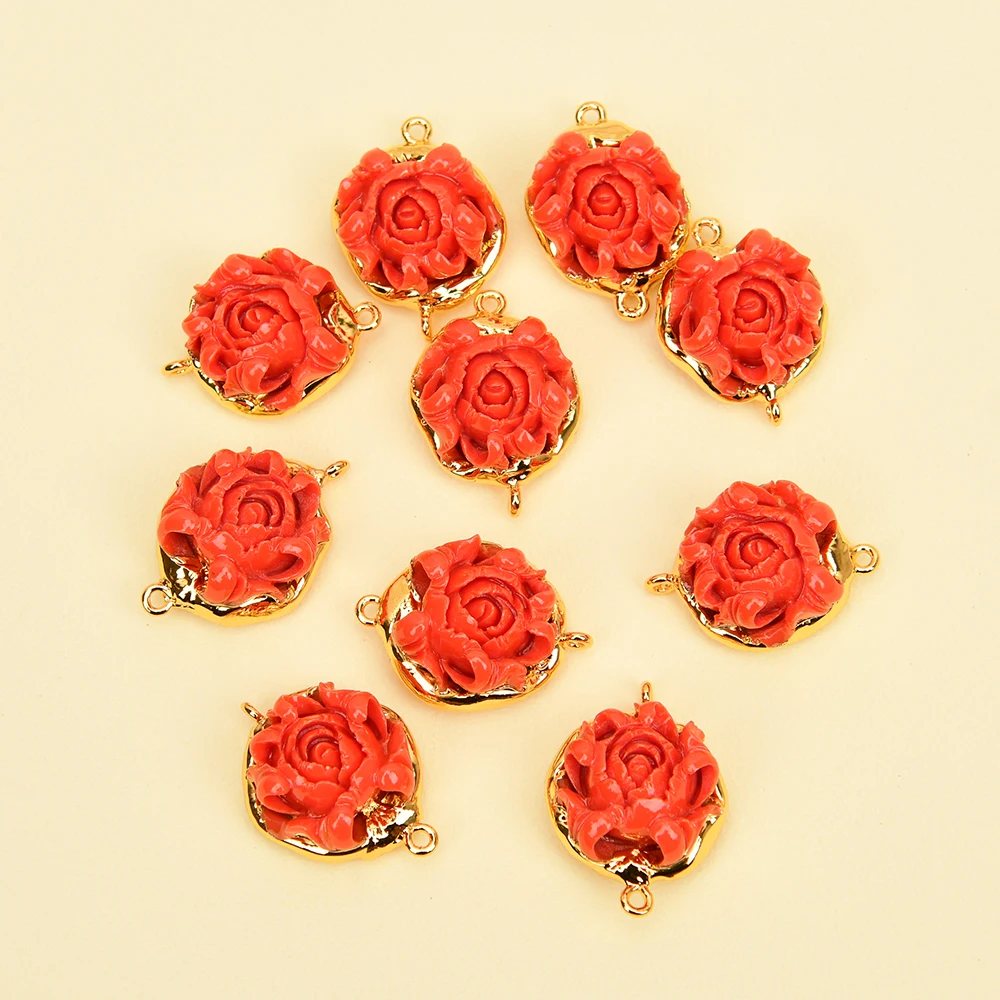APDGG 5 Pcs Orange Red Resin Coral Flower Gold Plated Connector Double Ring Jewelry Finding