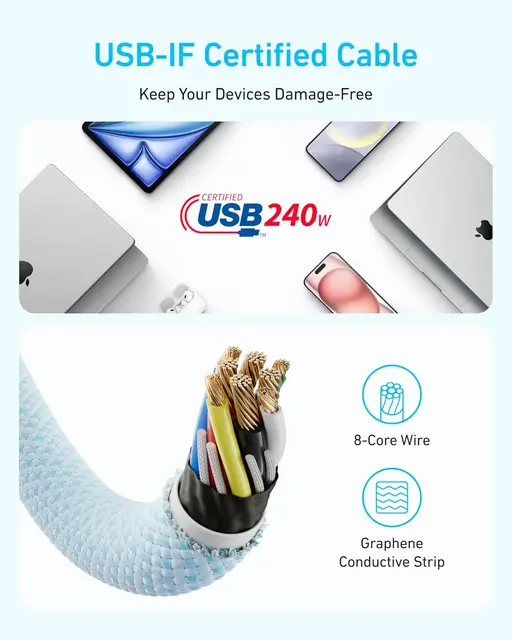 Anker Zolo USB C to USB C Cable, Braided and Dirt-Free Type-C Fast Charging Cable, Slim Connector, for iPhone 16 Series, MacBook 6
