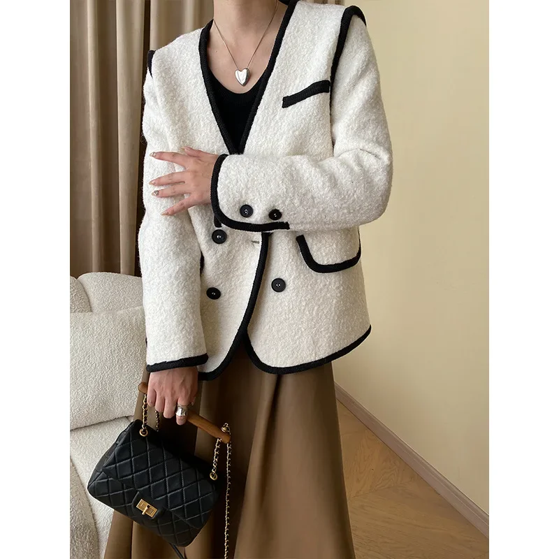 

White French Small Fragrance Patchwork Loose Coat Female Commuter V-neck Elegant Casual Offic Basic Black Tweed Women's Jacket