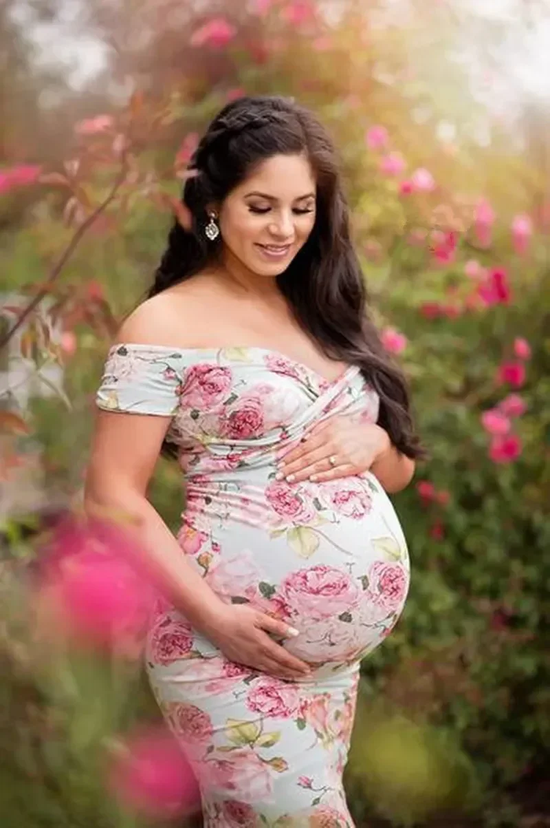 

Maternity Dress For Photo Shooting BoatNeck printing Dress Maternty Photography Props Short Sleeve Stretch Cotton Pregnant Dress