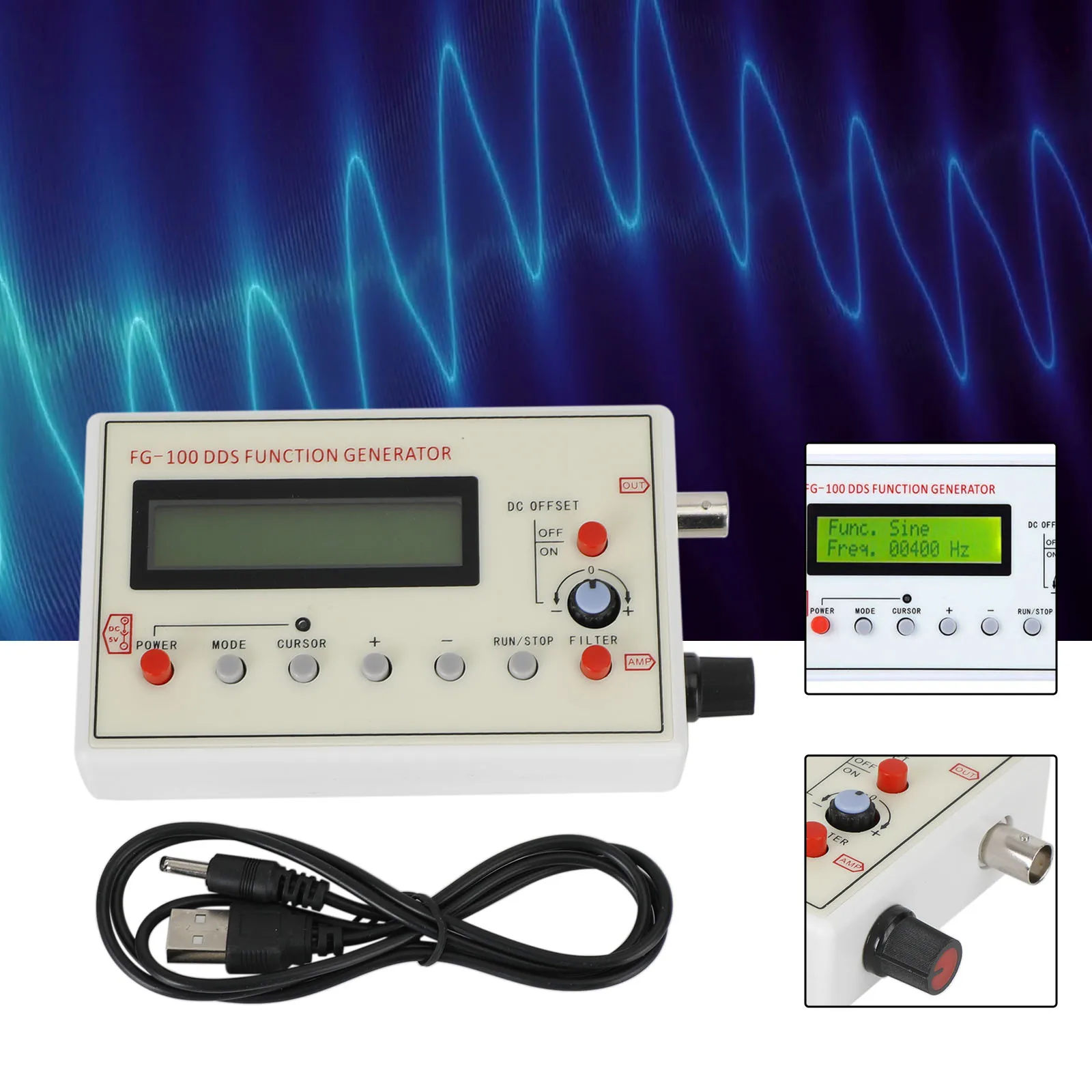 

Areyourshop FG-100 DDS Function Signal Generator Module 1HZ-500KHz Sine+Square Wave+Case