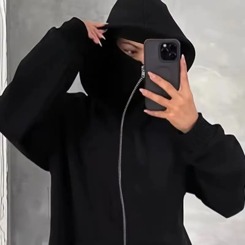 سترة بغطاء للرأس دافئة وفضفاضة للجنسين، سترة كاجوال بسحاب مع قناع وجه لملابس الشارع الرياضية الخارجية في الخريف والشتاء