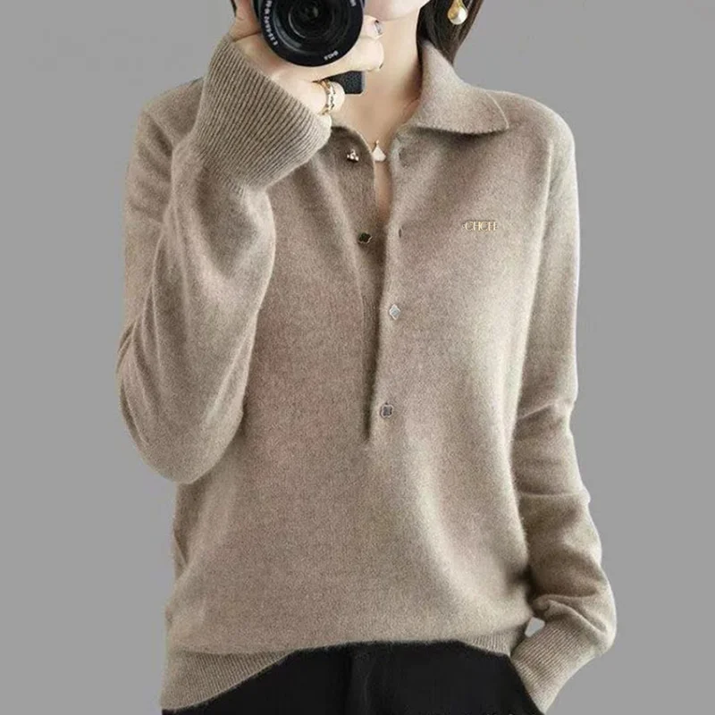 

Women's Lapel Sweater Cashmere Sweater 2023 Casual Winter New Style 100% Wool Sweater Solid Color Loose Women's Top Jacket