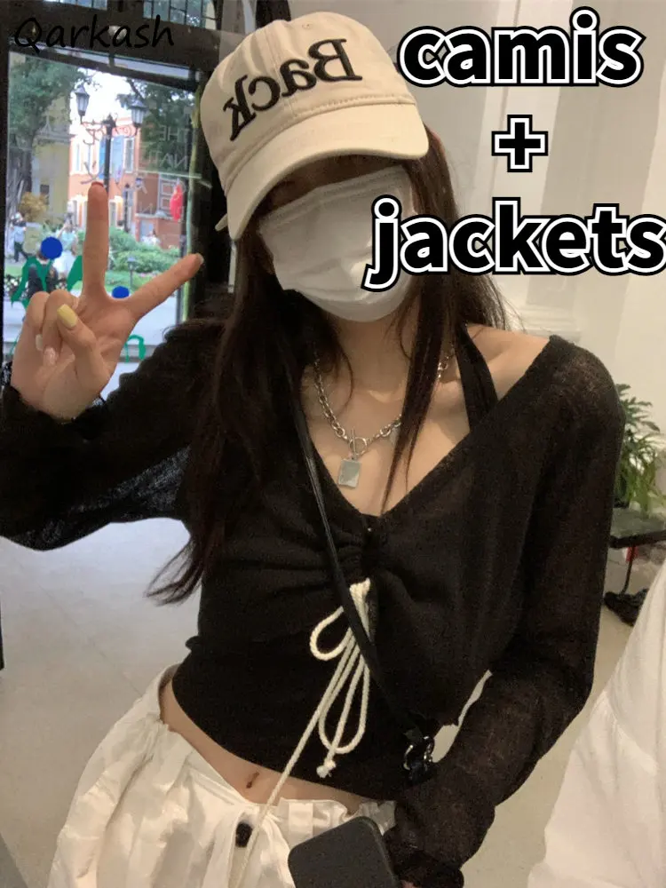 

2 Pcs Sets Women Halter Backless Camis Sun-proof Cropped Jackets Sexy Summer Elegant Vintage Streetwear Harajuku Chic 2023 New