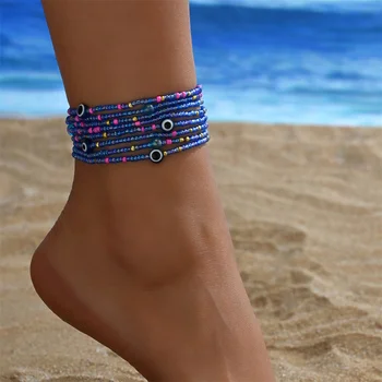 Multilayer Rice Beads Fashion Blue Eyes Anklets For Women Gold Color Foot Chain Ankle Bracelet Beach Jewelry Summer Accessories