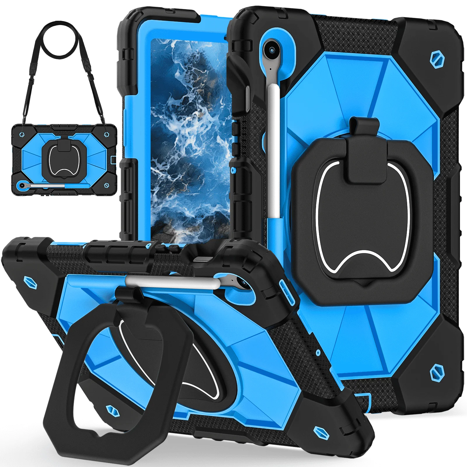 Durable Tablet Cover with Rotating Handle Stand and Pen Tray