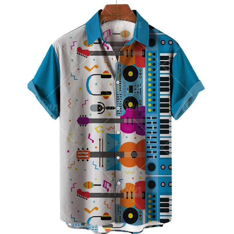 New Men's Short Sleeve Shirt Hawaiian T-Shirt Guitar 3D Print Casual Loose Print Music Men's Striped Large Size Shirt XS-5XL