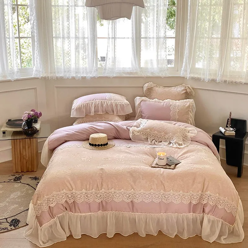 

Soft Egyptia Cotton Romantic Lace Relief Bedding Exquisite Craft Ruffle Princess Girls Purple Duvet Cover Bed Sheet 2Pillowcases