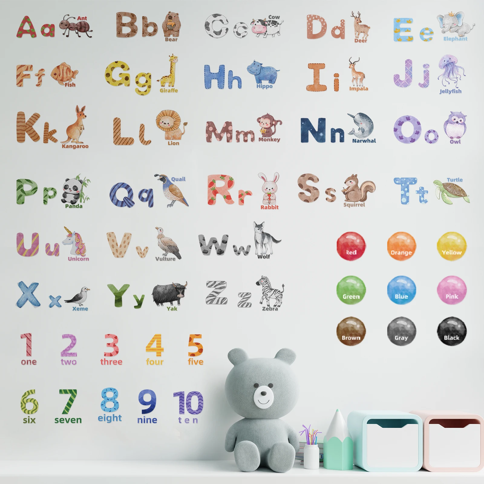 Alphabet Animals Wall Decals Numbers Wall Decor ABC Letters Wall