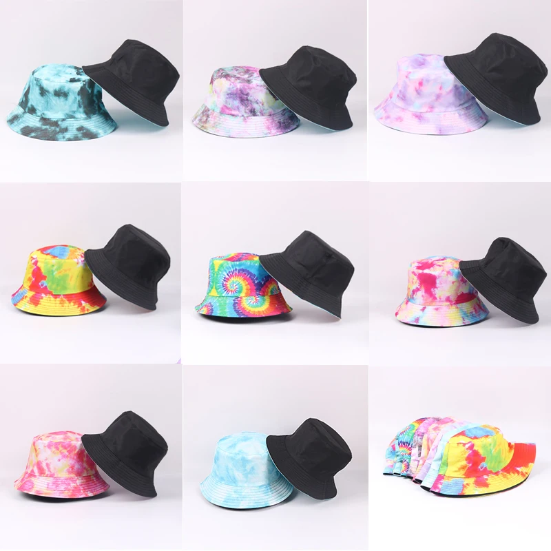 

New Hot 1PC Tie Dye Bucket Hats Reversible Double-Side-Wear Hat Soft Print Packable Outdoor Sun Hat Fisherman Caps