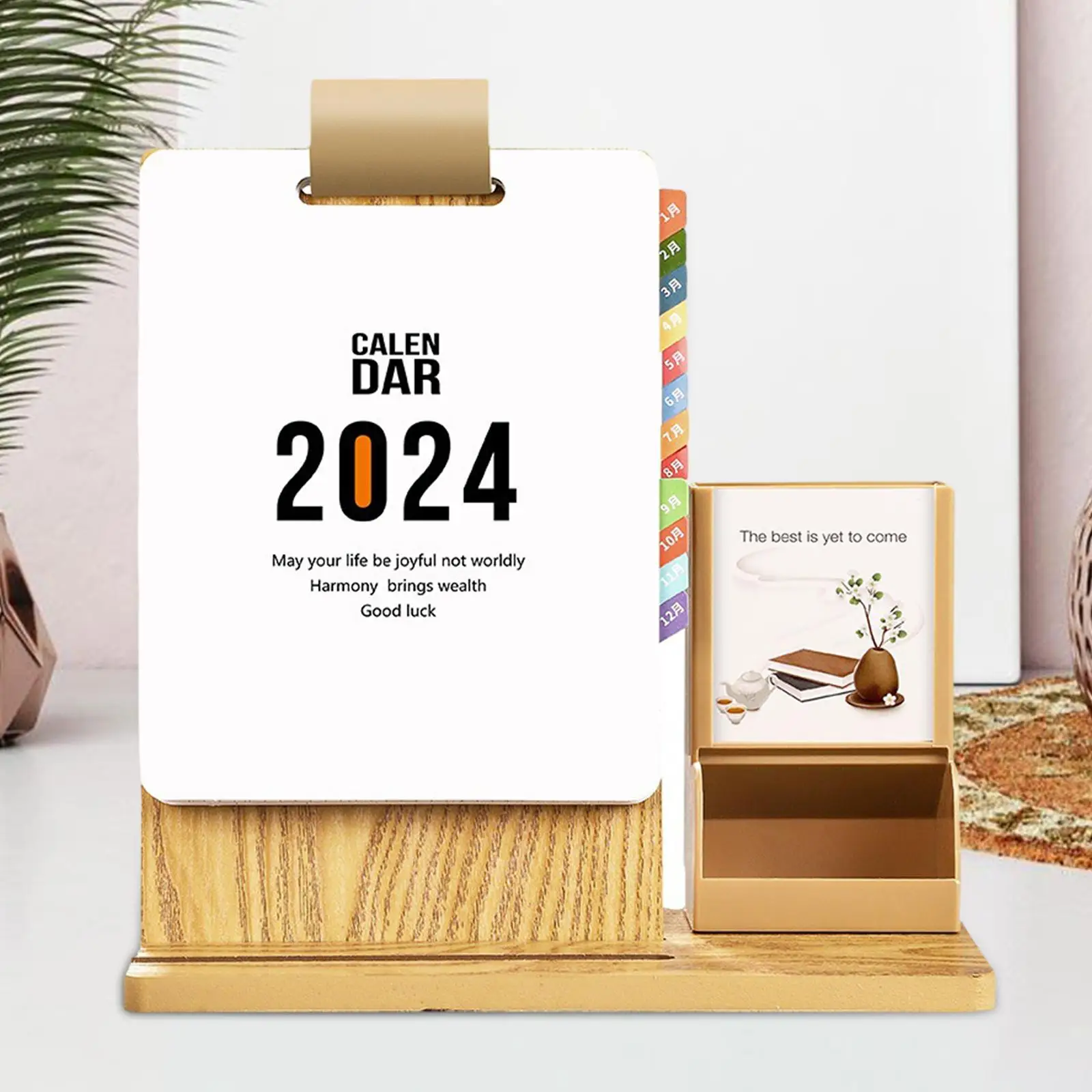 2024 Desk Calendar with Pencil Holder 12 Monthly Phone Holder Organizer Wooden Perpetual Calendar for Office Home Desk Dormitory