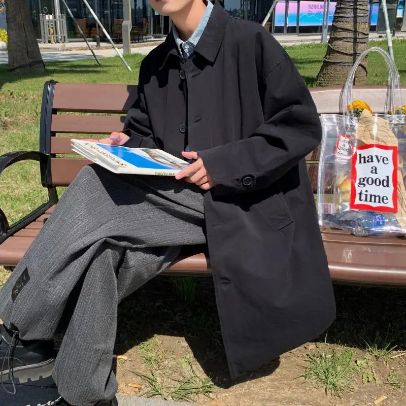 

Мужская одежда 2022 мужской Тренч выше колен Весна японский стиль Harajuku рабочие пальто свободные Ретро однобортные ветровки