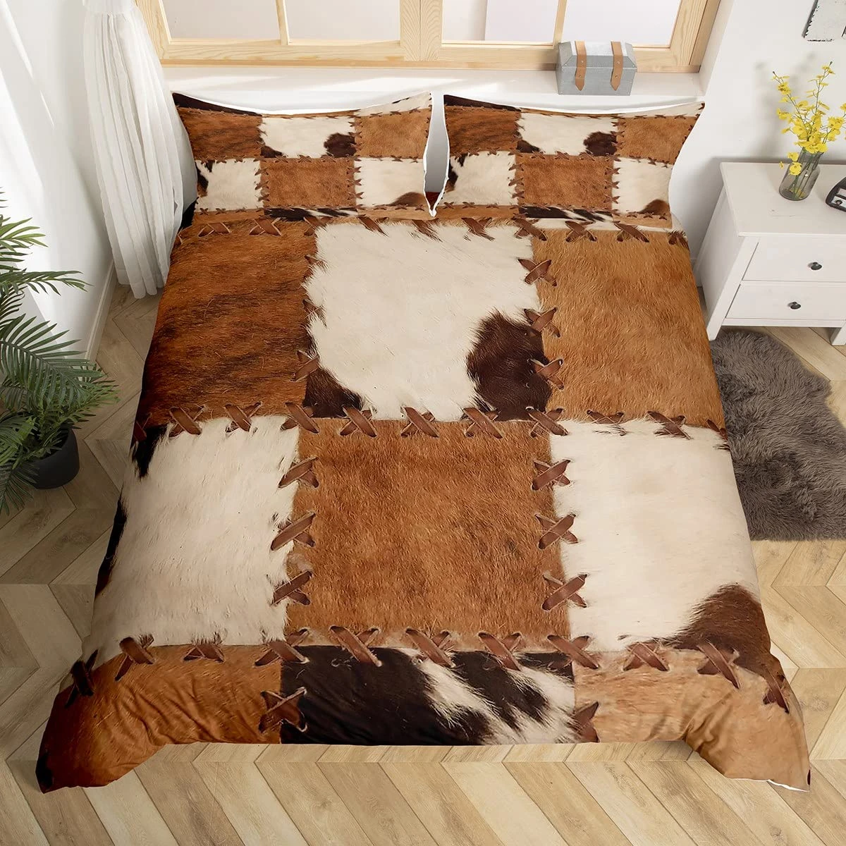Cowhide Duvet Cover Set Patchwork Cow Fur Print Farm Animal Bedding Set For Kids Boys Girls
