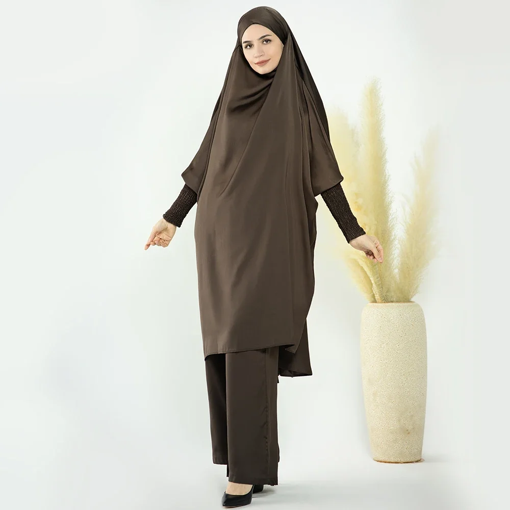 Satin Jilbab 2 Piece Set Muslim Woman Prayer Outfit Abaya Long Khimar with Pants Suit Sets Turkey Dubai Ramadan Islamic Clothing