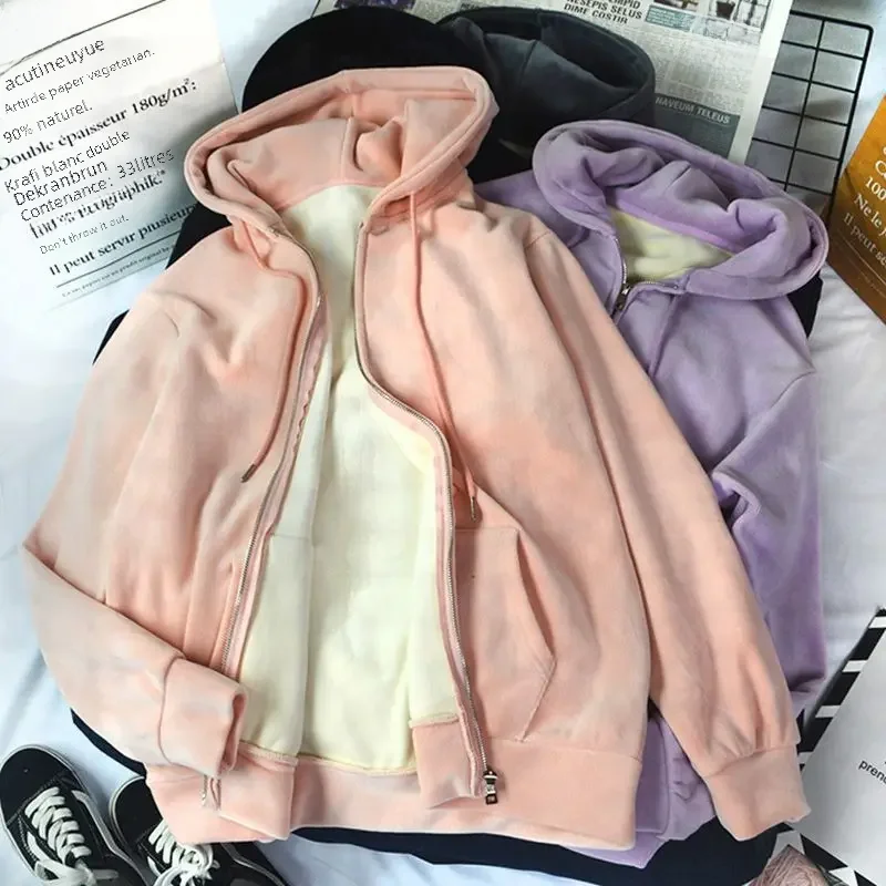 여성 기모 맨투맨 재킷, 루즈핏 두꺼운 캐주얼 카디건, 가을 겨울