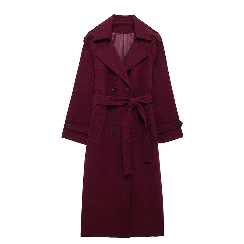 Fashion Burgundy Red Double Breasted Overcoat Women Lace Up Loose Lapel Pockets Long Sleeve Coat New High Street Outerwear