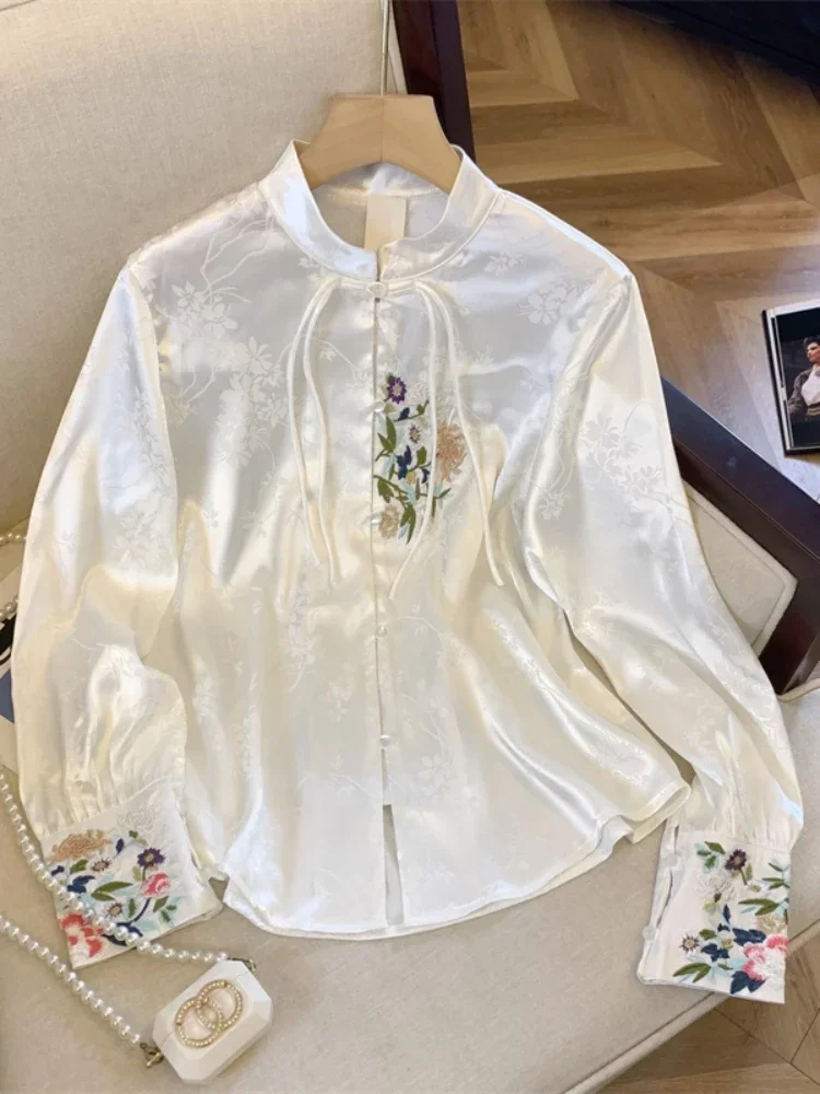 Satin Women's Shirts Spring/Summer Chinese Style Embroidery Blouses Loose Fashion Long Sleeves Vintage Women Tops 2024 Korean