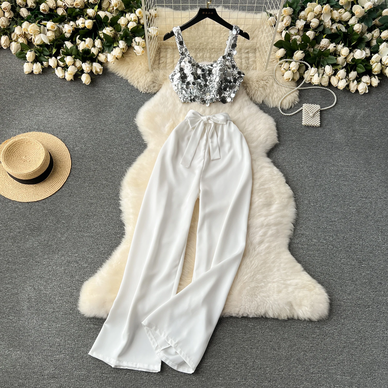 

Summer Sequin Tank Top Two piece Wide Leg Pants Set Sexy Short Sequin Sparkling Camisole Vest+Casual Pants Vacation Set