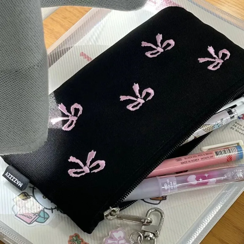 연필 가방 일본 문구 메이크업 브러쉬 보관 가방 19x10cm 리본 자수 고급 여학생 휴대용 연필 가방