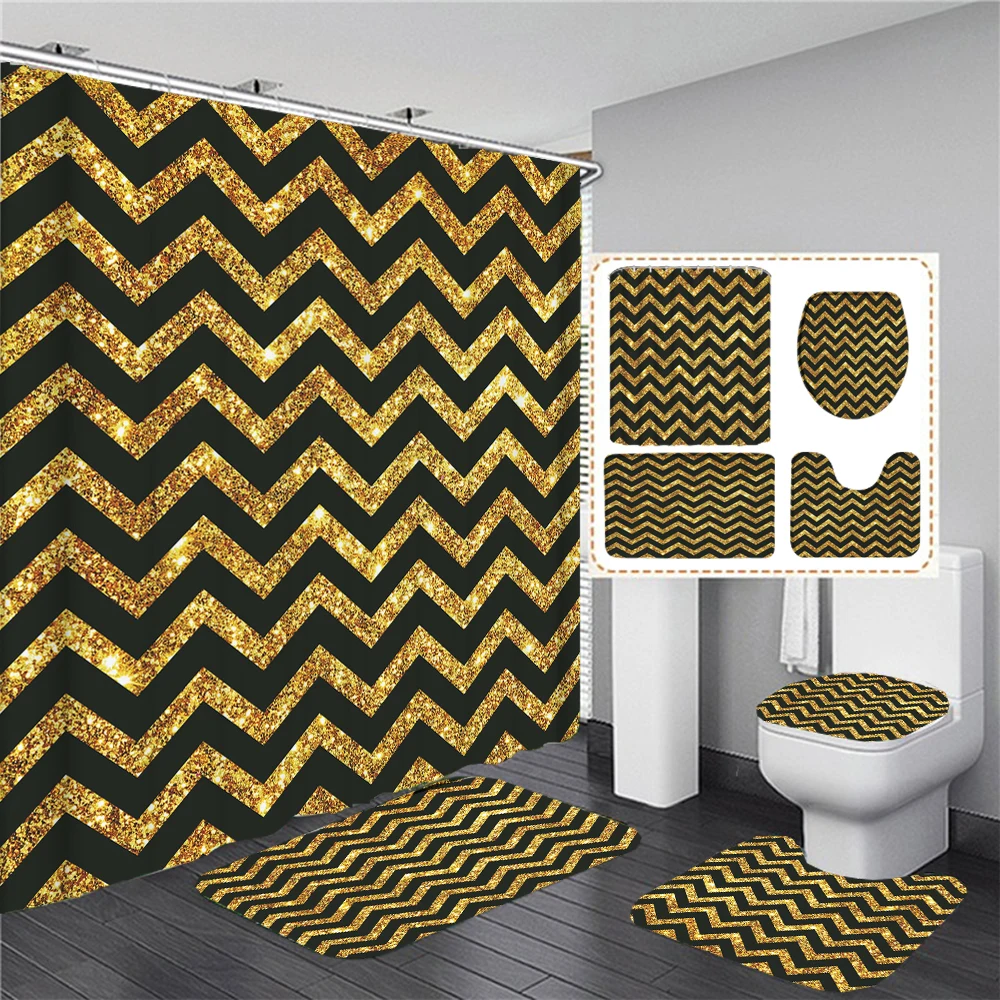 

Black Golden Stripe Printed Shower Curtain Set Modern Creative Geometry Fabric Bathroom Decor Curtain and Non-Slip Bath Mat