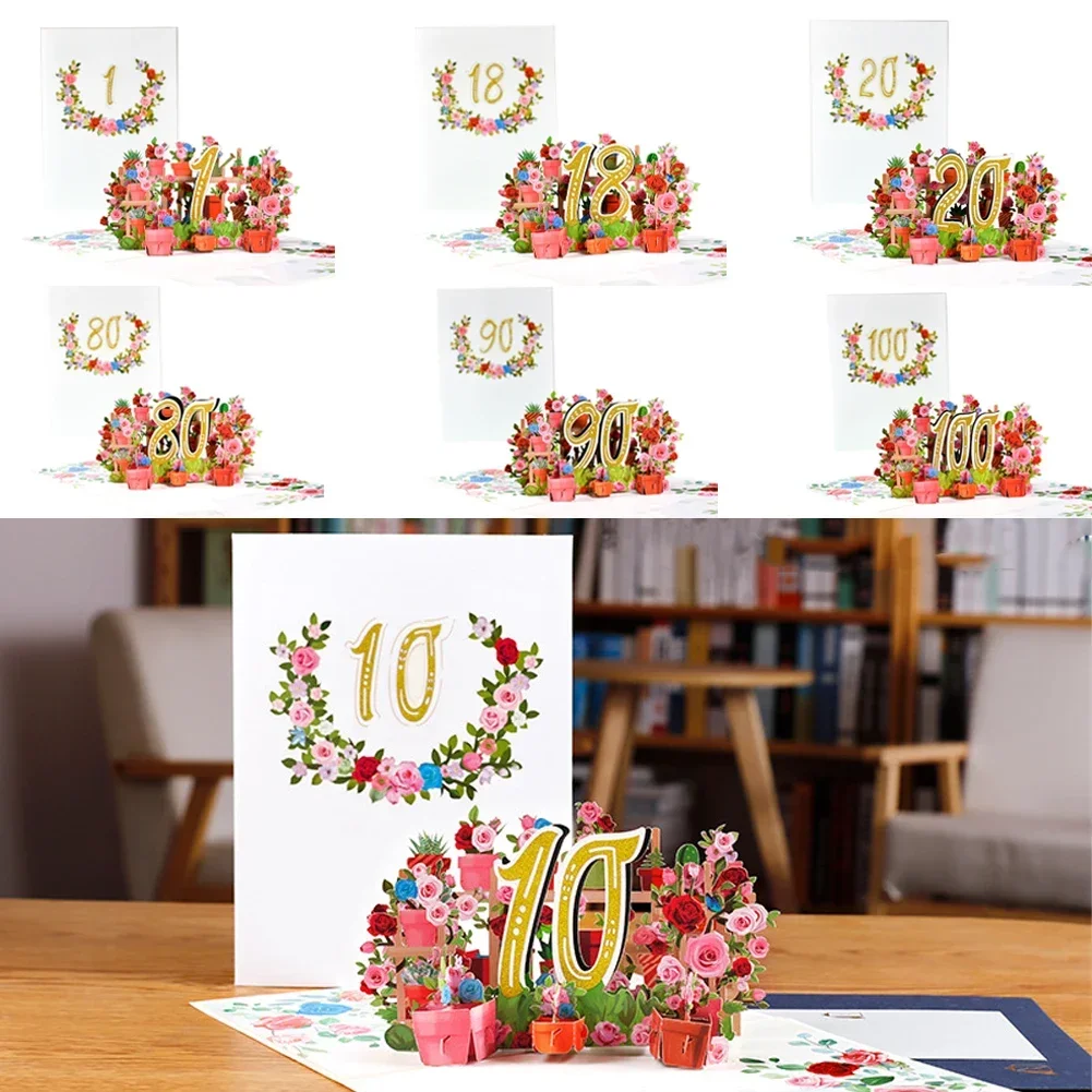 Cartoon 3D Ballon Greeting Card Blossom Pop Up 1/10/18/20/30/40/50/60/70/80/90/100 Anniversary Card for Birthday Valentine's Day